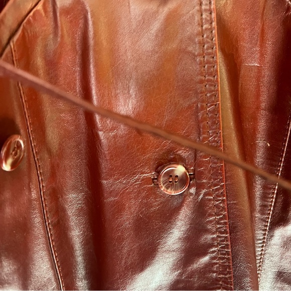 Long Women's Oxblood Leather Trench Coat 70’s Belted Small - Picture 5 of 8